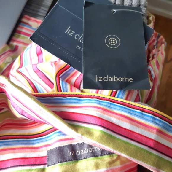 Liz Claiborne bright striped ruffle front button up collared blouse large - Picture 9 of 12